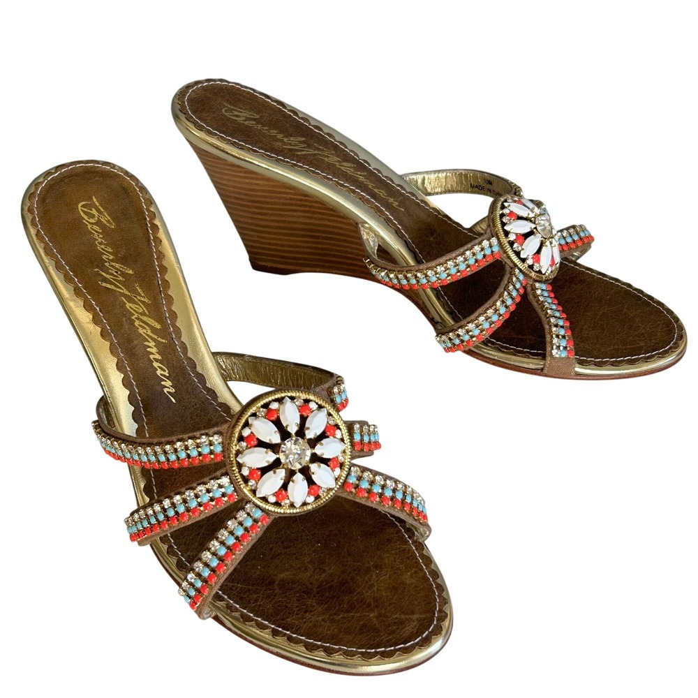 Beverly Feldman wedge sandals heels size 10 Hollywood Gold Western Boho beaded